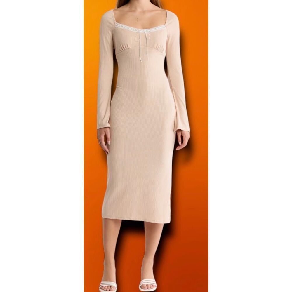 Lush Bow Detail Long Sleeve Rib Midi Dress NEW NWT